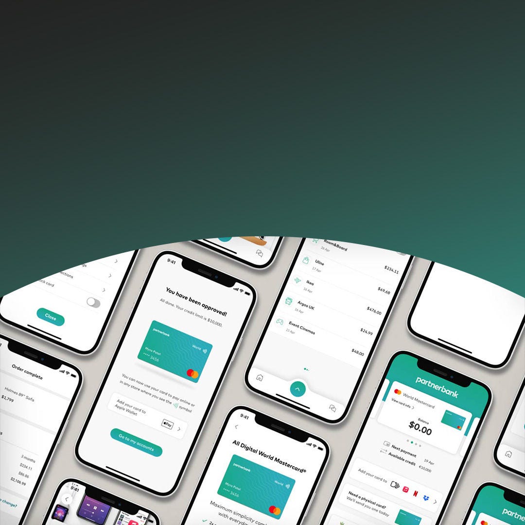 Multiple phones with digital first app displayed on screens.