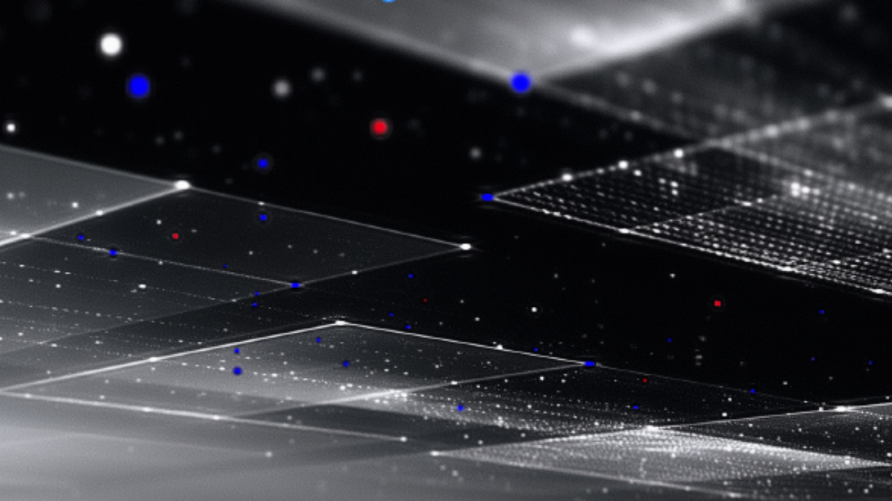 An abstract image of transparent squares over a black background with red, whtie and blue dots. 