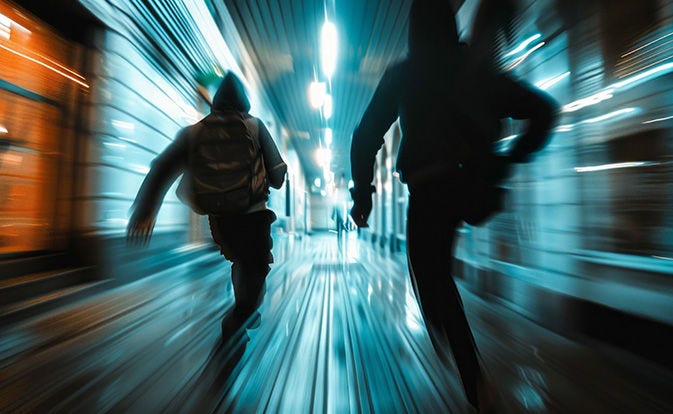 Dos personas corriendo en un pasillo con desenfoque de movimiento para simular la velocidad