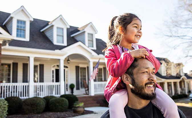 Father and daughter outside their home