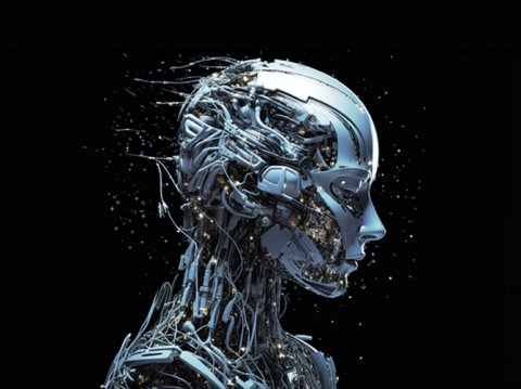 Vue de profil d'un cyborg futuriste en chrome, représentant la manière dont l'économie de l'IA transforme l'expérience d'achat.