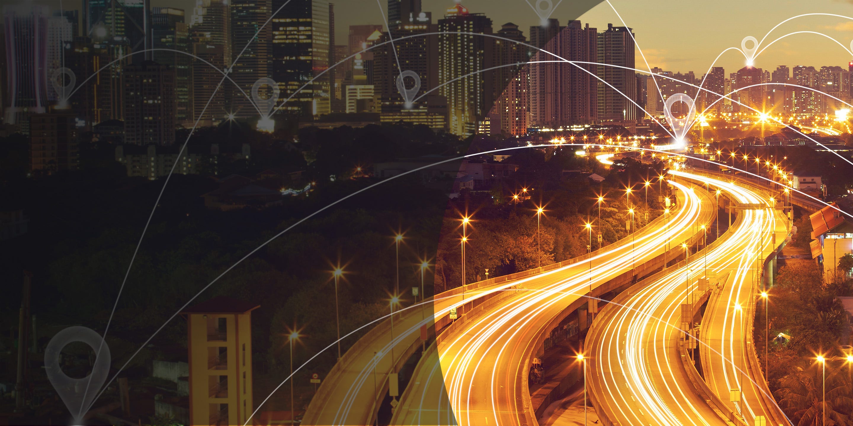 Una vista aérea de una ciudad inteligente moderna con arquitectura ecológica, sistemas de transporte inteligentes y conectividad digital.