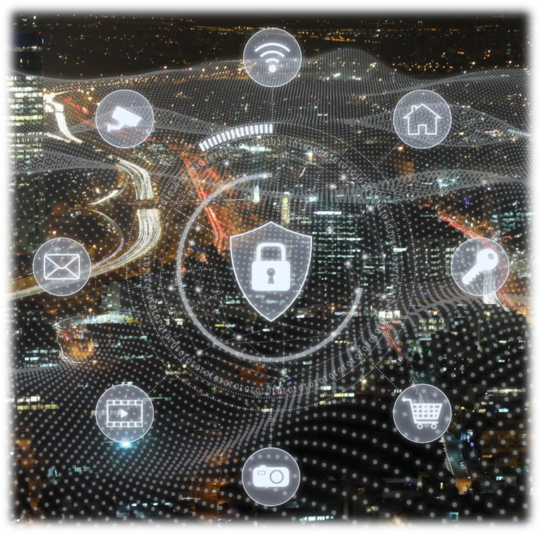 Image abstraite métaphorique avec des icônes représentant la cybersécurité