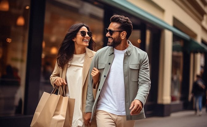 Feliz pareja disfrutando de las compras juntos.