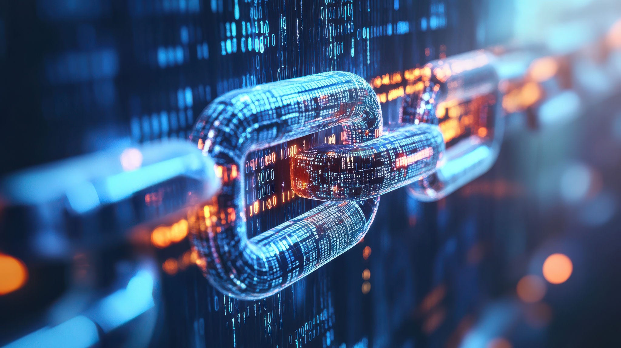 Primer plano de un eslabón de cadena digital brillante, que simboliza la tecnología blockchain.