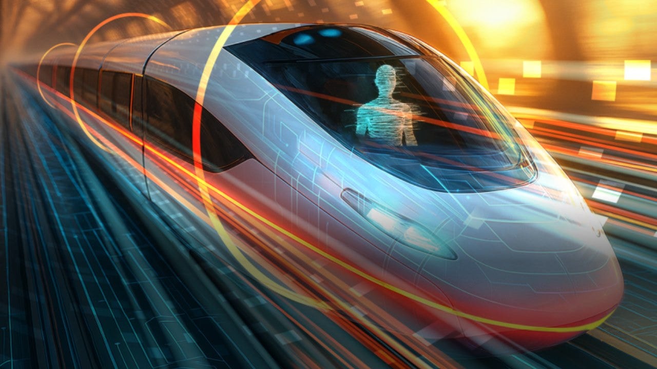 The outline of a man in a train, likely computer generated. 