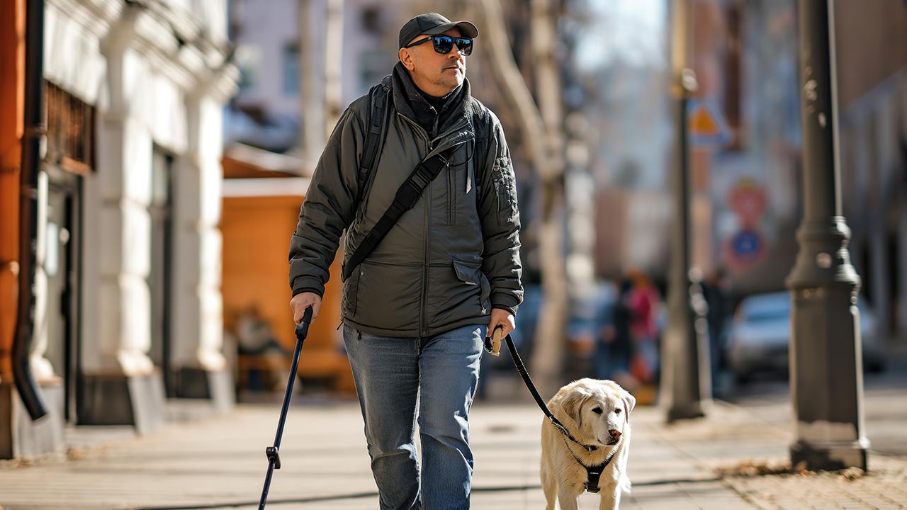 Homme malvoyant marchant dans la rue avec un chien d'assistance.
