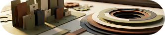 Paper craft business analytics scene with bar charts and circular diagrams on a desk, warm tones, financial data visualization concept.