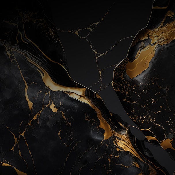 Obra de arte abstracta con textura de mármol oscuro y vetas doradas.