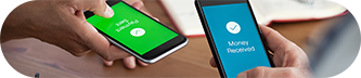 Two hands holding smartphones with green and blue screens, symbolising account-to-account transactions. 