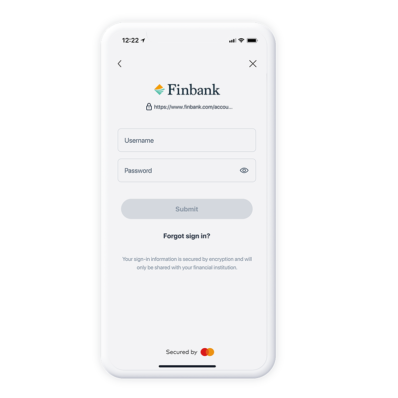 Image d’un smartphone montrant la page de connexion Finbank