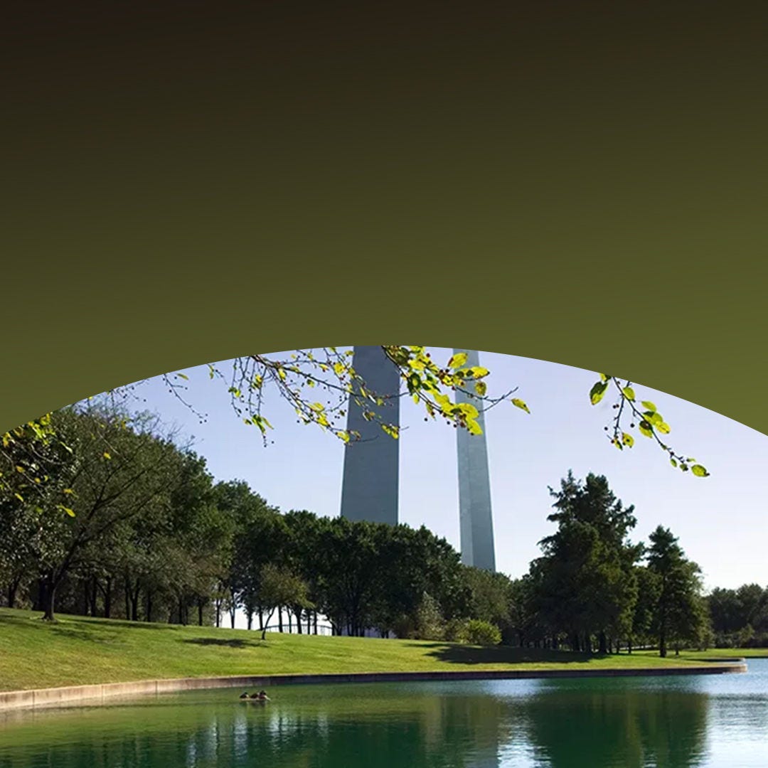 Un parque con árboles y un estanque bajo un cielo despejado.
