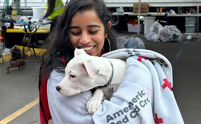 Mujer sosteniendo un perro en una manta.