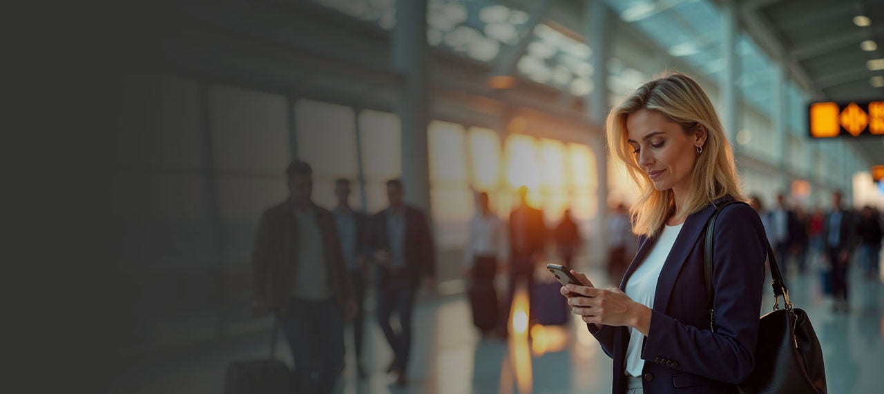 Mujer de negocios revisando su teléfono en el aeropuerto.