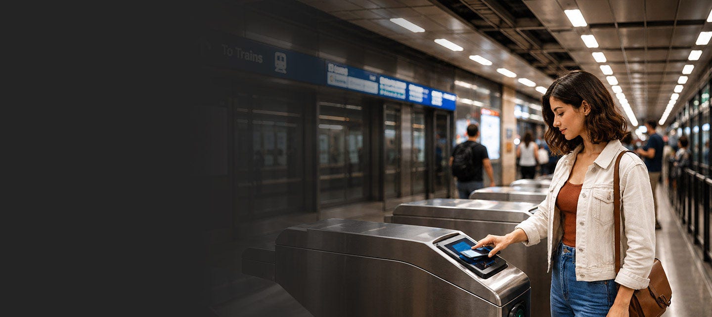 Young woman tapping subway turnstile.