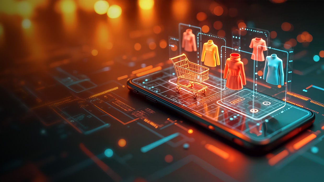 Ilustración digital de un teléfono inteligente con íconos de compra holográficos.