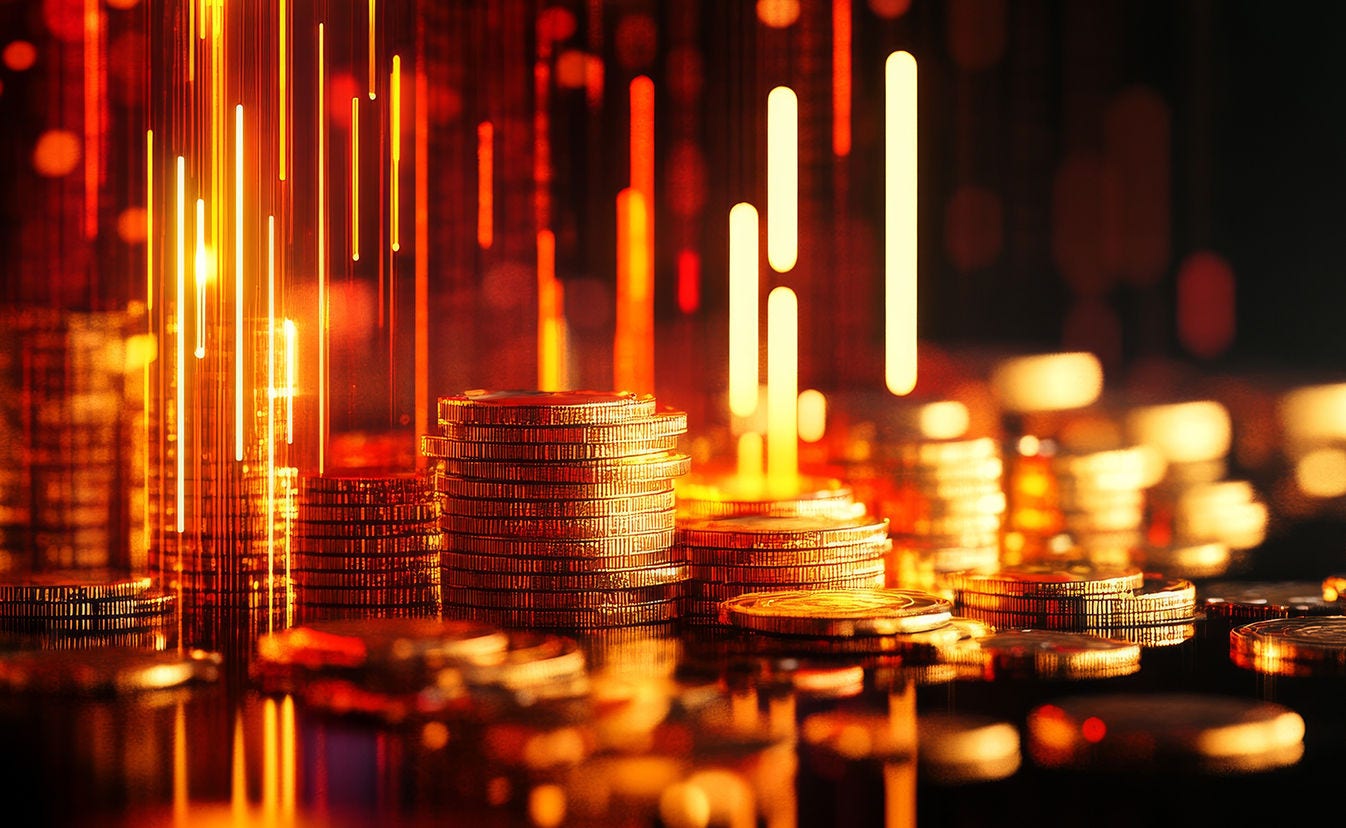 Pilas de monedas iluminadas por rayas verticales de luz naranja y amarilla brillante.