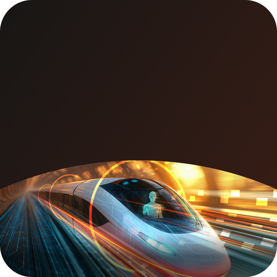 Figure representing an AI agent drives a fast moving futuristic train 