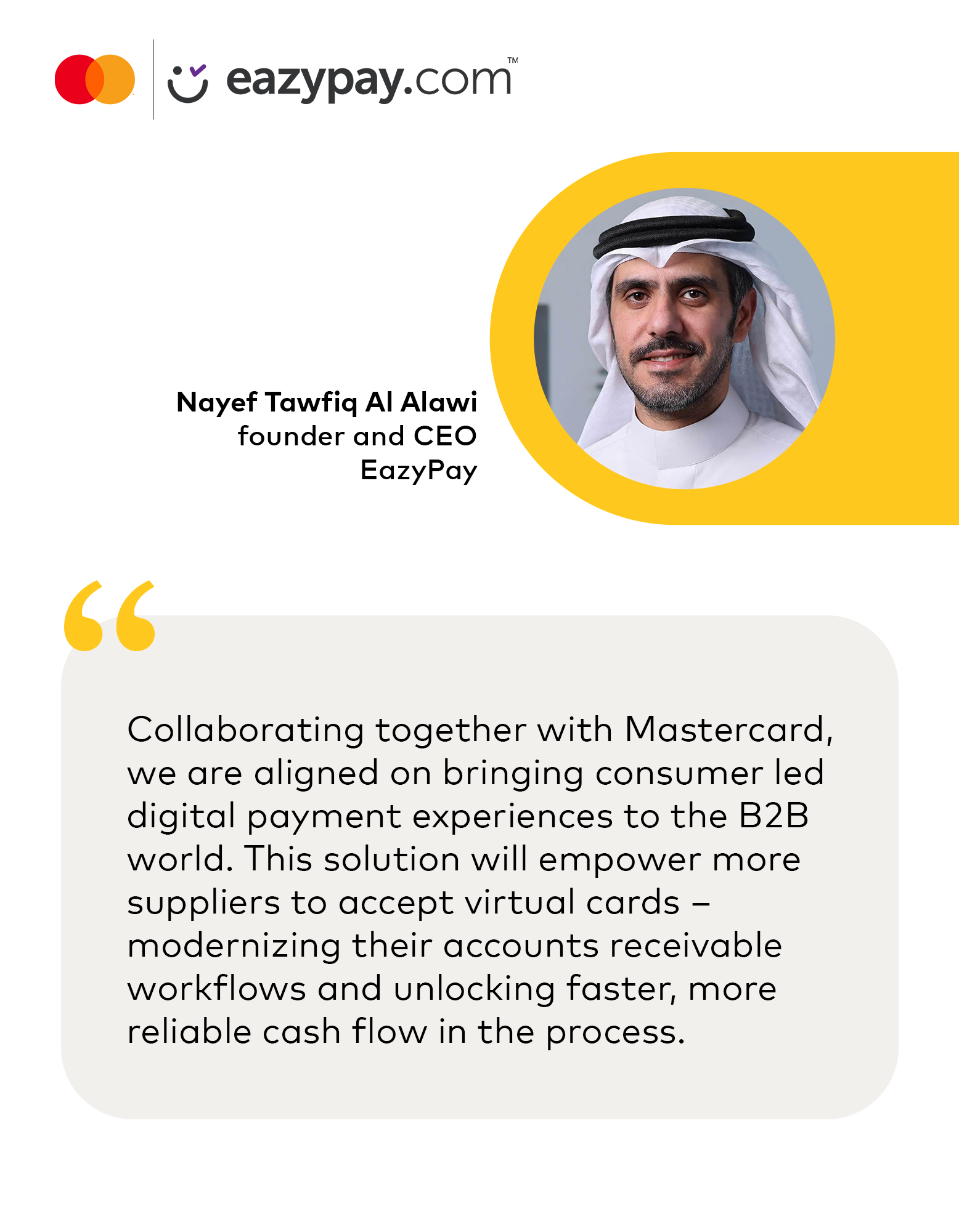 Quote card from Nayef Tawfiq Al Alawi, founder & CEO of EazyPay
