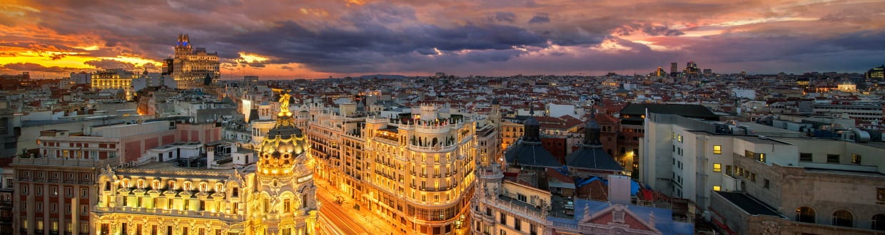 european city skyline at sunset